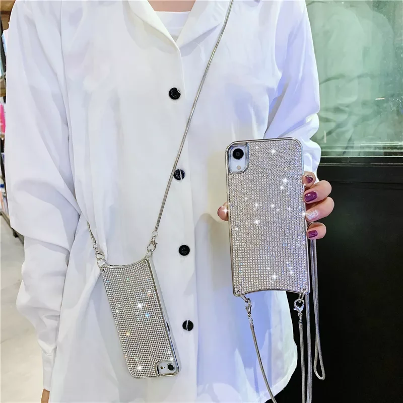 Free shipping  for iPhone 13 12 11 Pro Max XR Xs 7 Plus 8 6 6S XS SE2 Soft Rhinestone Cover Bag Chain Fashion Bling Full Diamond