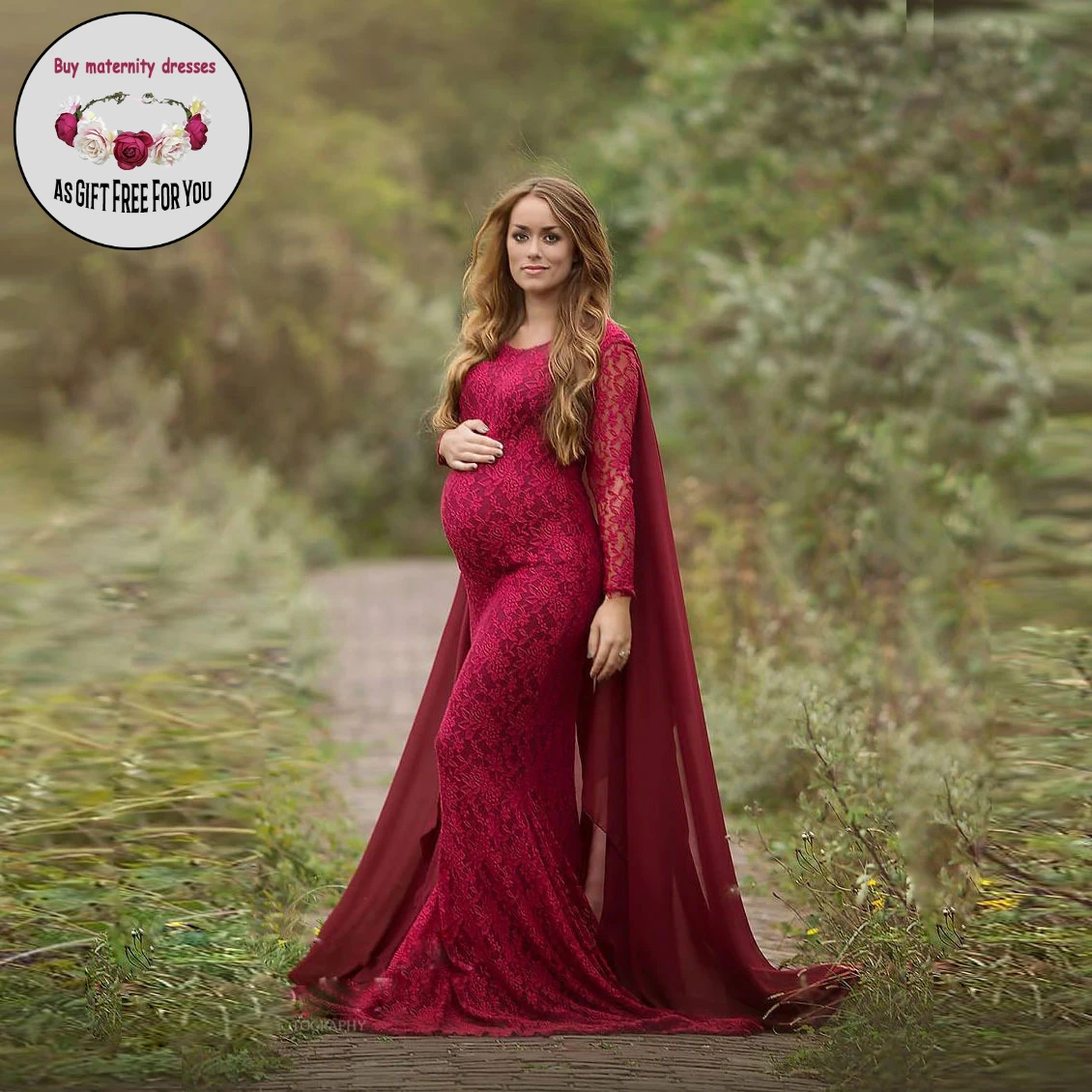 Women Long Tail  Maternity Dresses Sexy Lace Bateau  Long Sleeve   Pregnancy   Dress Maxi Gown maternity dress for photography