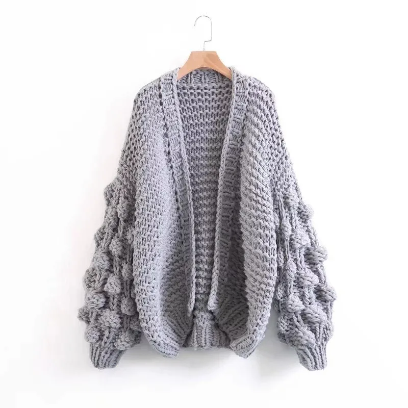 

Loose Short Winter European and American Style Hand-Woven Ball Lantern Sleeve Sweater Coat for Women