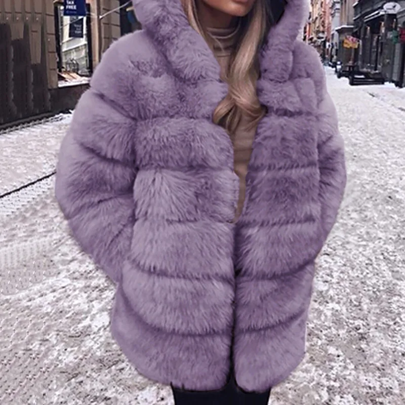 2021 Women's Plush Faux Fur Coat with Pockets Fashion New Casual Oversized Fashionable Hooded Coat Thick and Warm Winter