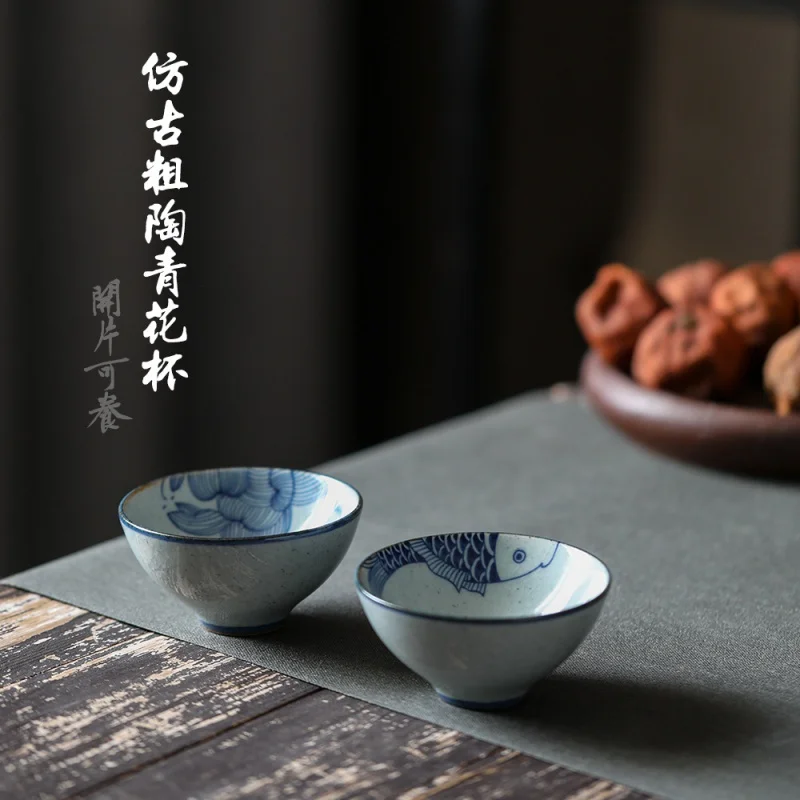 Jingdezhen Blue and White Hand Drawn Tea Set Egg-Shell Porcelain Fish Music Picture Bamboo-Hat Type Cup Tea Cup Tea Cup Ceramic