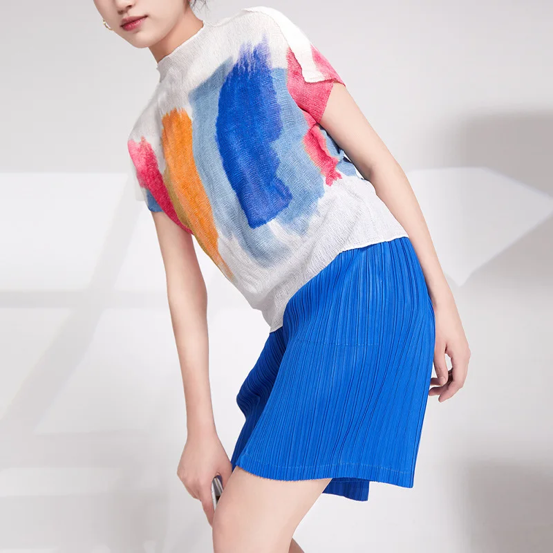 Miyake pleated loose casual short-sleeved T-shirt women's graffiti print comfortable commuter bat shirt all-match top