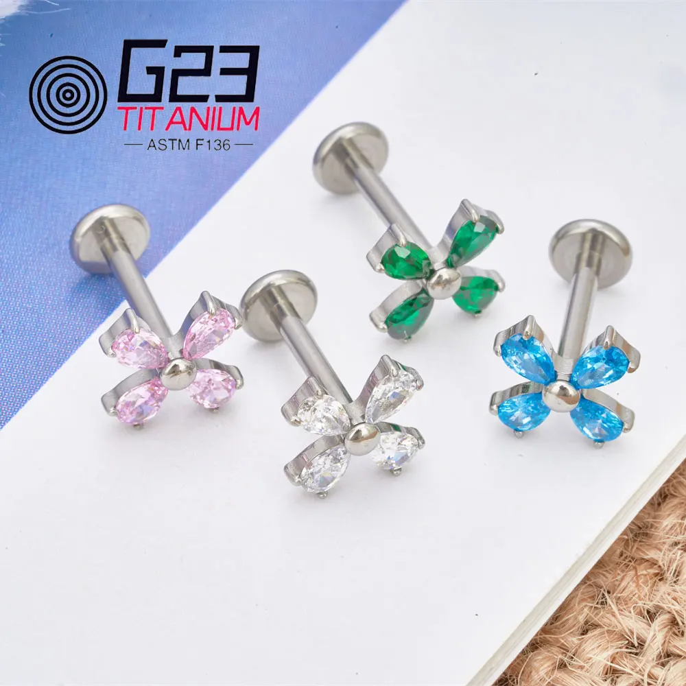 G23 ASTM F136 Titanium Four Leaf clover CZ Helix Cartilage Tragus Stud Earring Labret Internal Threaded Flat Back Body Piercing images - 6