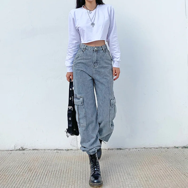 Streetwear Women Loosed Fashion High Waist Zipper with Big Pockets for Hip Hop Vintage Demin All-match Long Jeans Cargo Pants