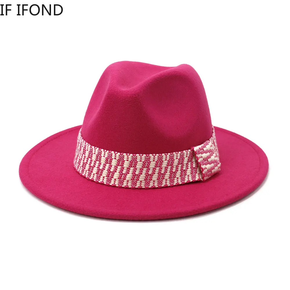 

Hot Pink Fedora Hats with Colorful Webbing Ribbon Women Fascinator Party Dress Hat Panama Church Jazz Cap Chapeu Feminino