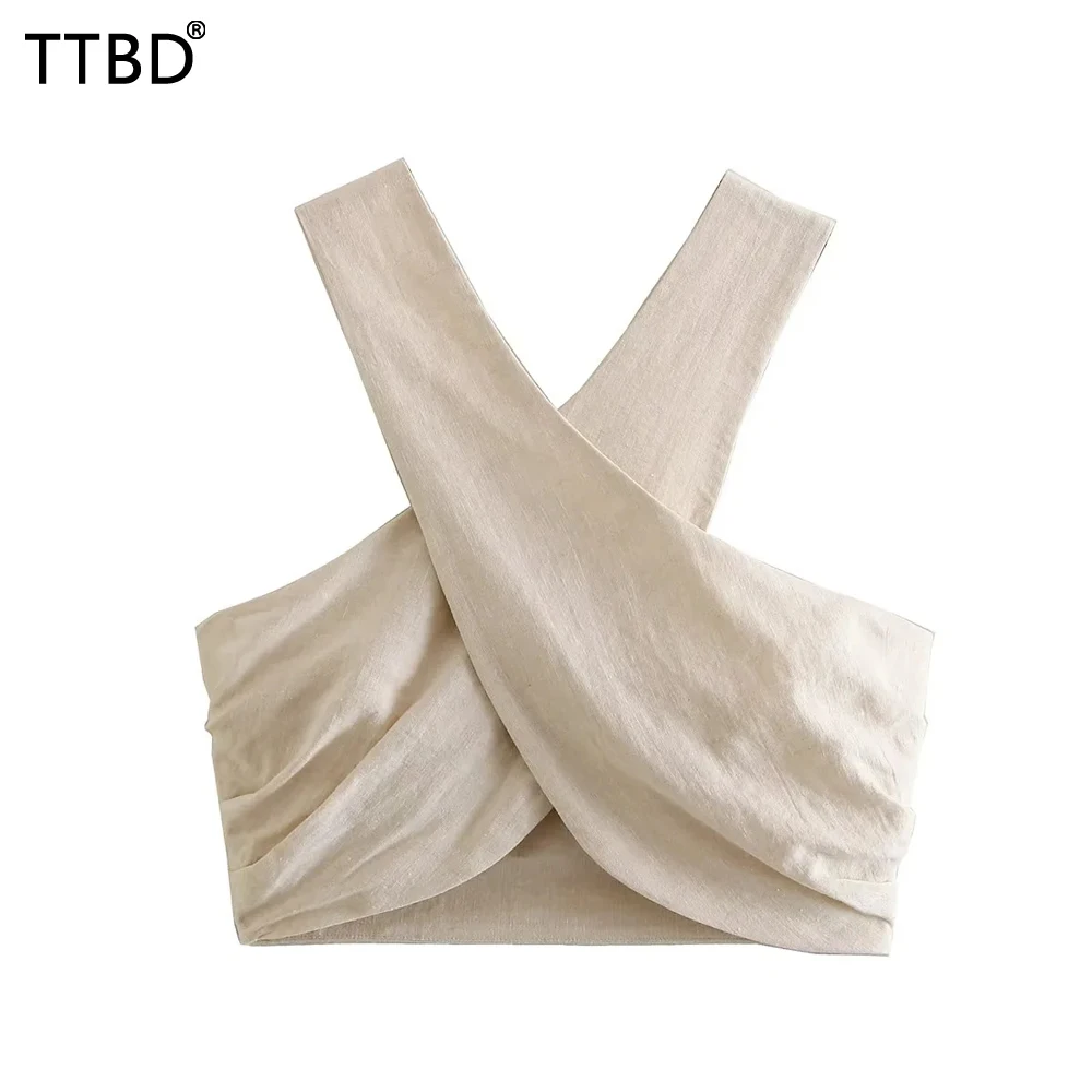 

TTBD Women Sexy Fashion Backless With Bow Tied Crop Tank Tops Vintage Crossover Halter Neck Female Camis Mujer