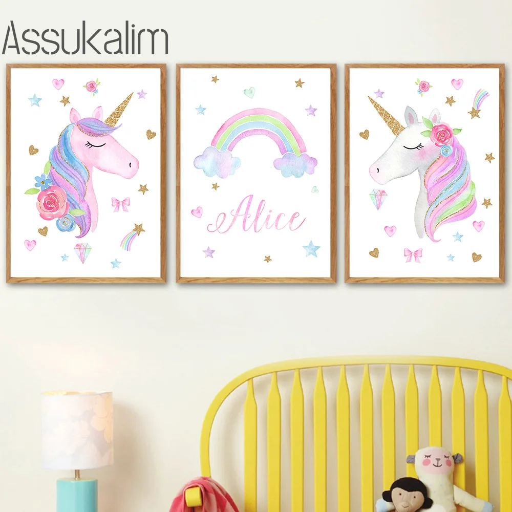 Настенные плакаты с изображением радуги единорога Картина на холсте для детской