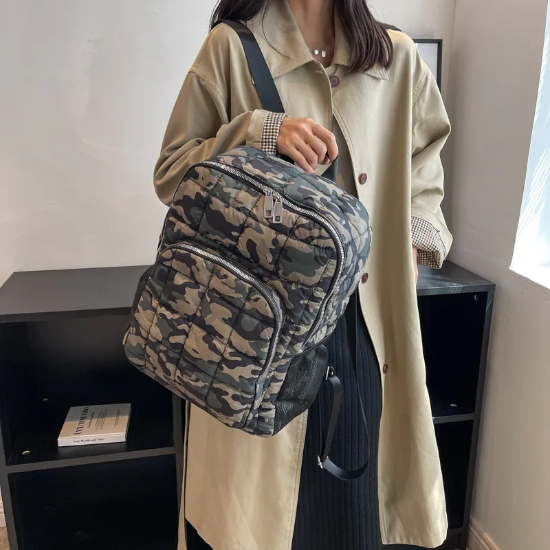 Winter Space Down Women's Backpack Checkered Backpack Large Capacity Schoolbag Quilted Plaid Female School Backpacks Bags Girls