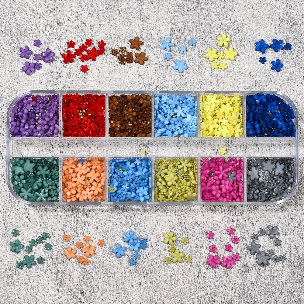 

6/12 Grids 3D Acrylic Flower Nail Art Decoration With Mixed Steel Beads Flower Nail Charms Professional Colorful Floret Accessor