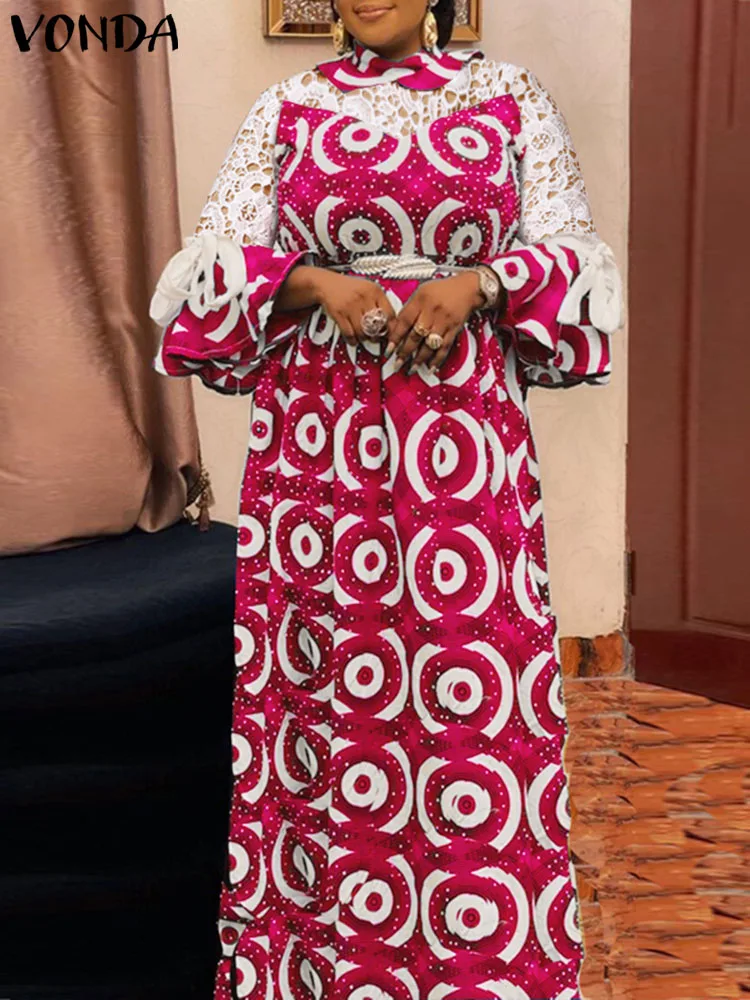 

Женское летнее платье VONDA, модель 2023 года, с воротником-стойкой и расширяющимся книзу рукавом, кружевной лоскутный Макси Сарафан, богемный винтажный длинный халат с принтом