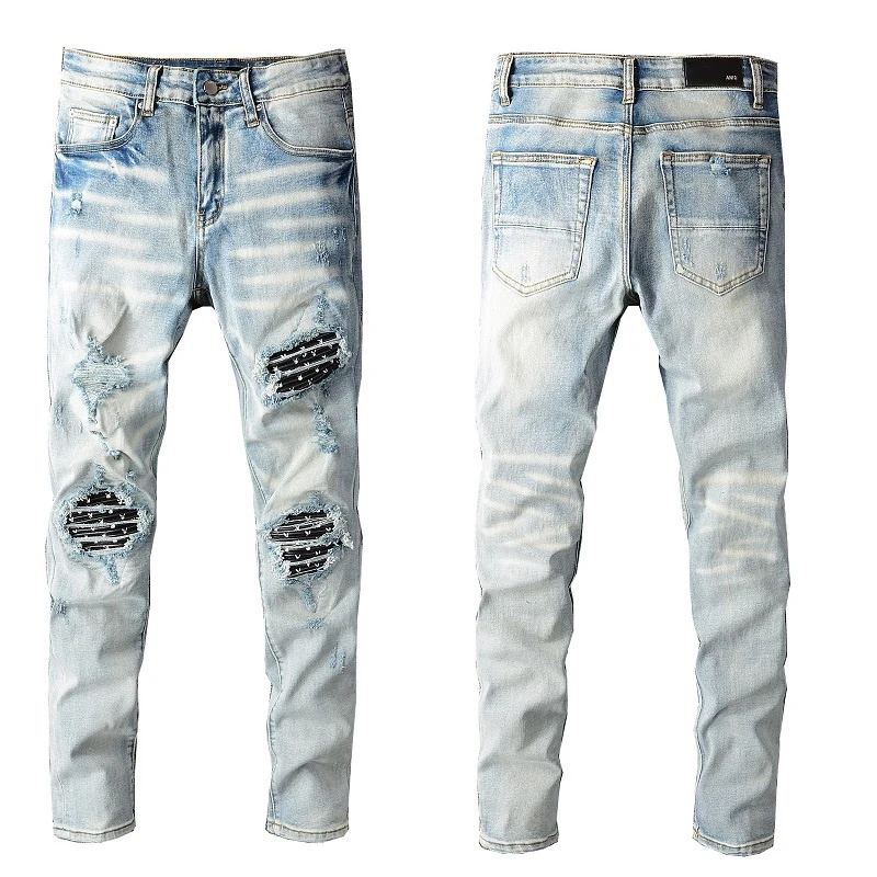 

Washed Blue Motorcycle Pants Men's Jeans Skinny Knee Stitching Patchwork Biker Jean Stacked Jean Fashion Street Hot AMR Denim