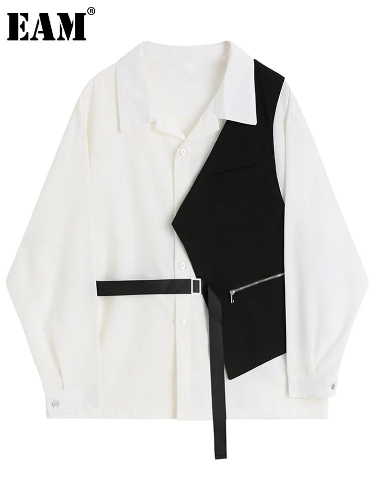 

[EAM] Women White Irregular Buckle Big Size Blouse New Lapel Long Sleeve Loose Fit Shirt Fashion Tide Spring Autumn 2022 1DE6511