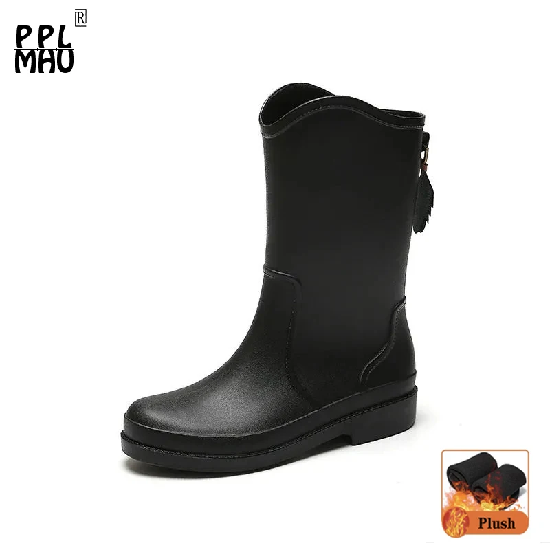 

Winter Warm Slip On Platform RainBoots High Quality Casual Comfort Rubber Shoes Black PVC Waterproof Short Plush Work Boots