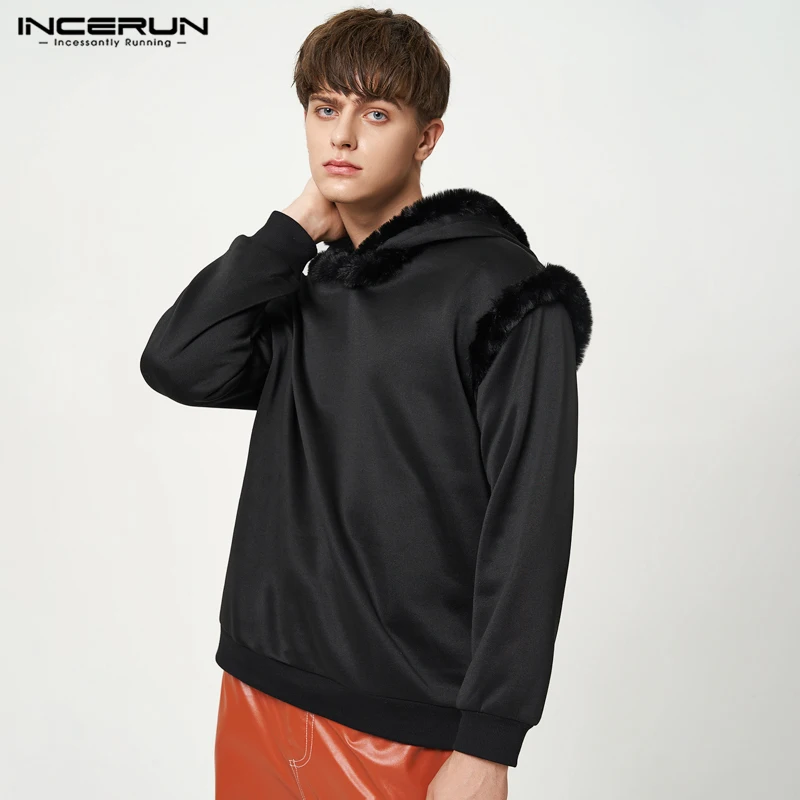 

Casual Well Fitting Tops INCERUN Handsome Men's Plush Patchwork Sweatshirts Male Hot Sale Solid Comfortable Hooded Sweater S-5XL