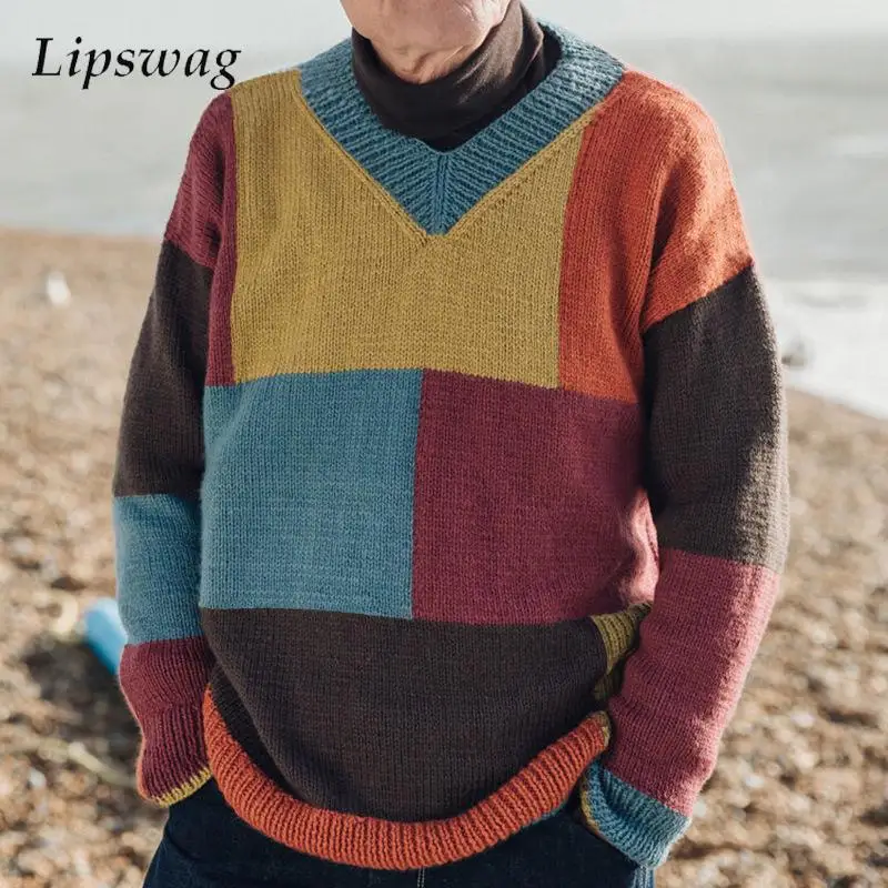 

Мужской Жаккардовый свитер с длинным рукавом и V-образным вырезом