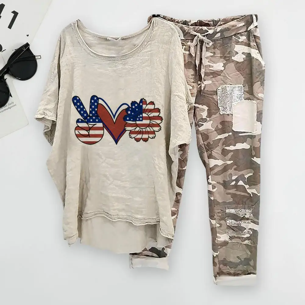 

2 Pcs/Set Chic Casual Summer T-shirt Pants Set Camouflage Print Irregular Hem Summer T-shirt Pants Set Daily Wear