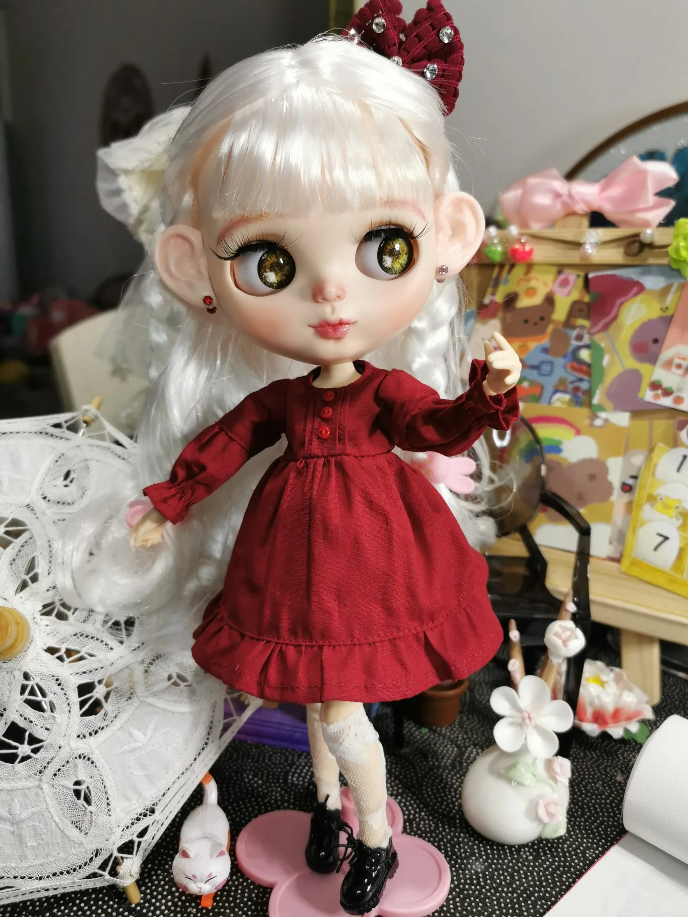 

blythe doll clothes suitable for blythe size dress plain skirt dress wine red caramel milk apricot skirt doll accessories