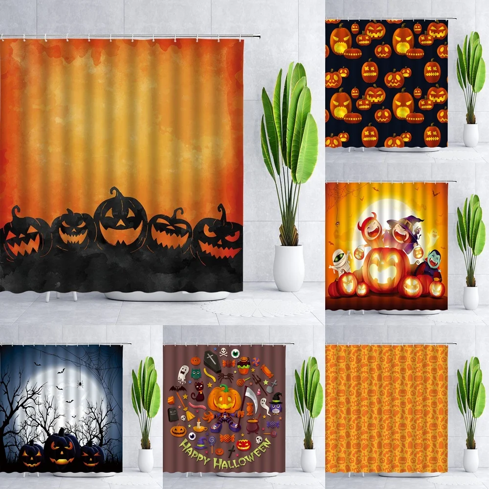 

Halloween Shower Curtain Holiday Decor Interesting Pumpkin Witch Horror Night Bat Spooky Bathroom Decoration Fabric Curtains
