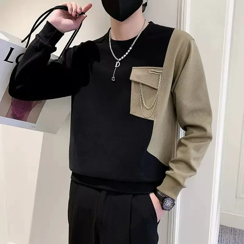 

2023 Men's Autumn/Winter Sweater New Color Contrast Splicing Chain Trendy Men's Pippy Handsome Bottom Long Sleeved Men's Sweater