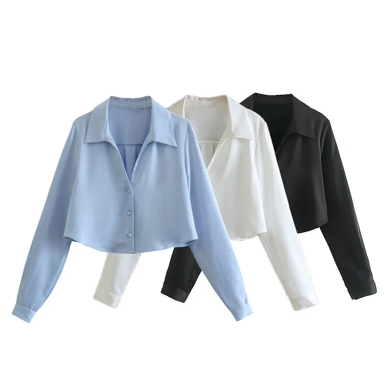 RDMQ Women Fashion Cropped Satin Shirts Vintage Long Sleeve Front Button Female Blouses Blusas Chic Tops