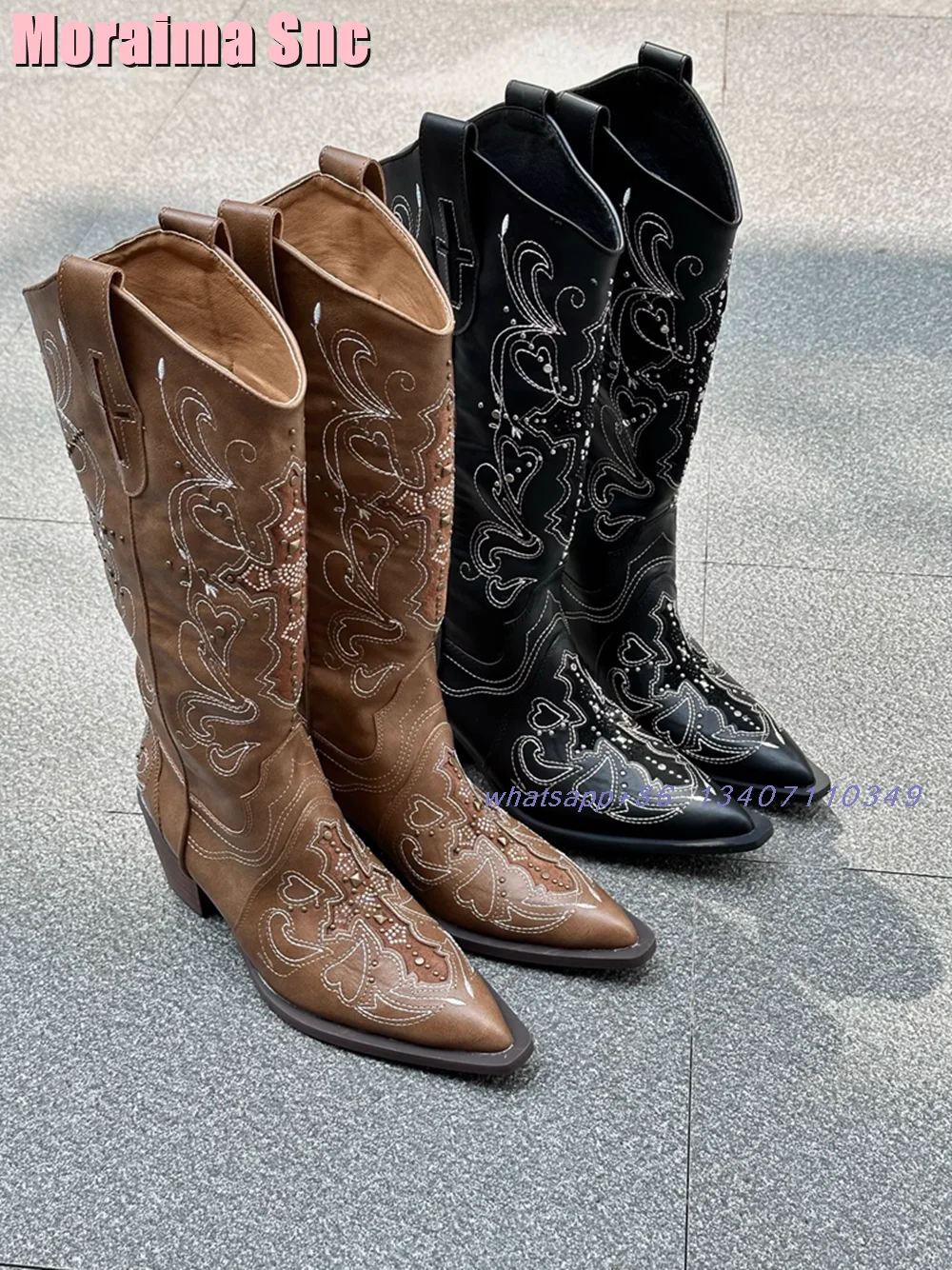 Женские Длинные мотоциклетные ботинки с острым носком и вышивкой в стиле ретро