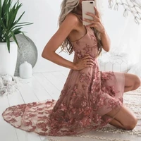 women sweet embroidery lace elegant pink dress sexy v neck sleeveless strap summer mesh dresses vestidos party irregular robe