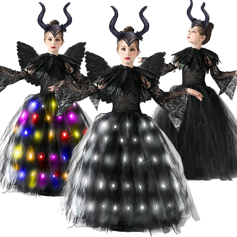 

Disney Halloween Costume for Kids LED Light up Maleficent Tutu Dress For Girls Cosplay Evil Queen Black Mesh Princess Dress