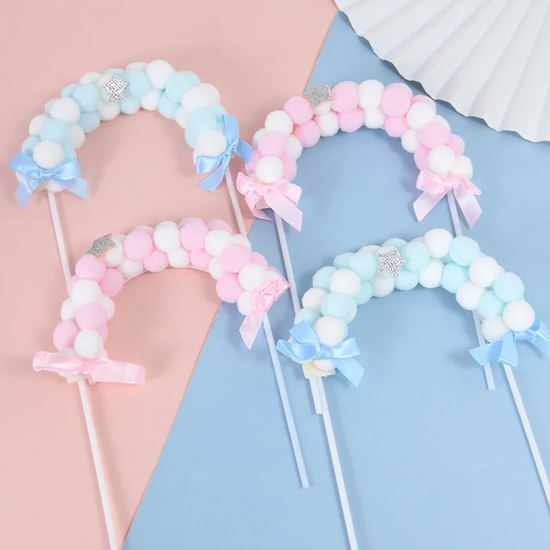 

1Pc Pink Blue Soft Pompom Cloud Cake Topper DIY Arch Hair Ball Cake Top Flags Birthday Party Dessert Decor Baby Shower Supplies