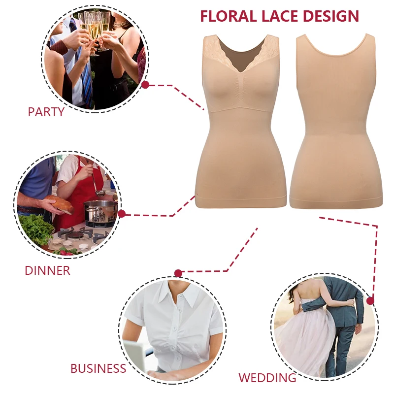 Built In Bra Tank Top Women Shapewear Back Smooth Tummy Control Slim Waist Body Shaper Seamless Lace Camis Padded Vest Lifewear