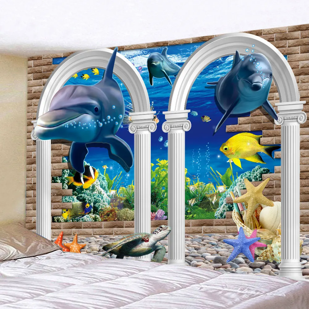 

3D Dream Scene Underwater World Tapestries Psychedelic Rainbow Dolphin Turtle Wall Hanging Backdrop Ceiling Cushion Sofa Blanket