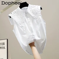 fashion sleeveless blouse for women crocheted hollow water soluble lace large doll collar stitching shirt loose temperament tops