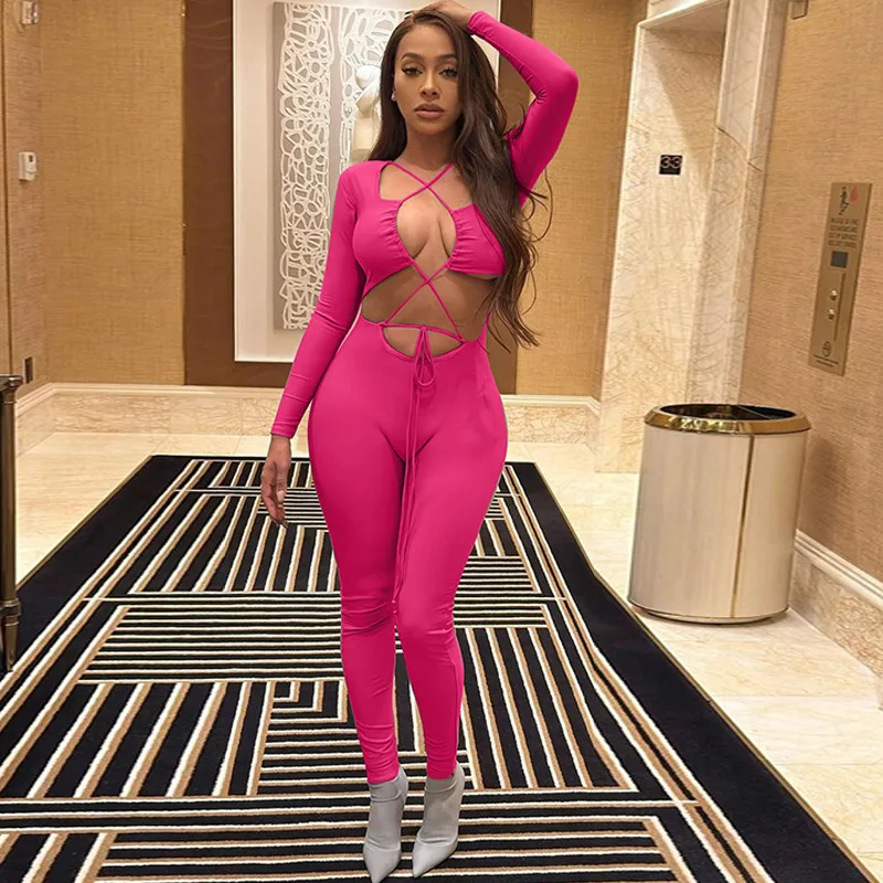 European And American Style Women's New Fashion Sexy Cut-Out Backless Strapping Slim Black Long-Sleeved Jumpsuit