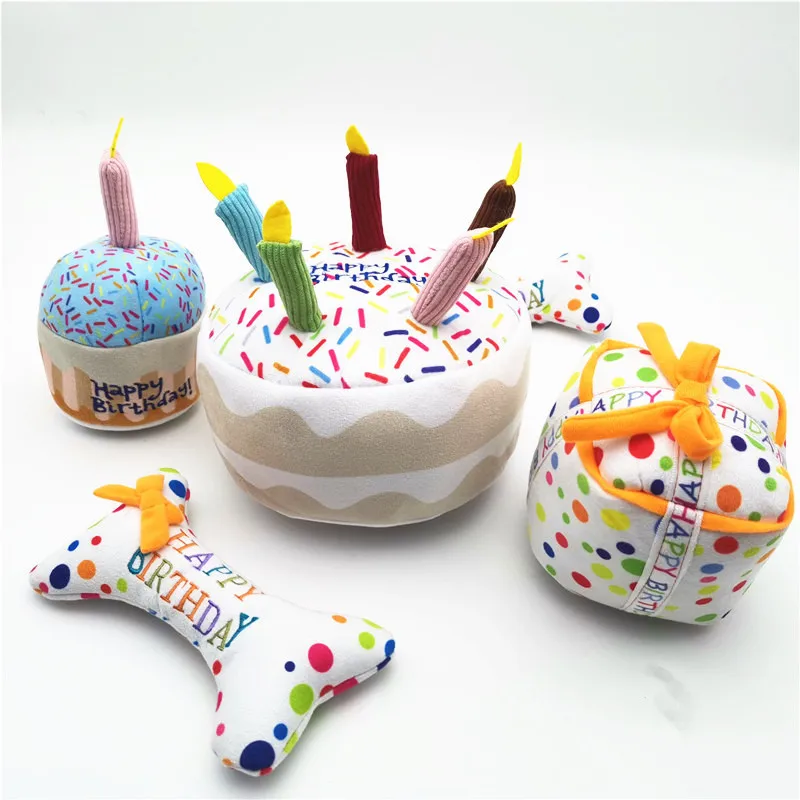 

New Dog Toy Plush Birthday Cake Play Interactive Bite Resistant Celebration Squeaky Chew Soft Cupcake Stuffed Pet Toys