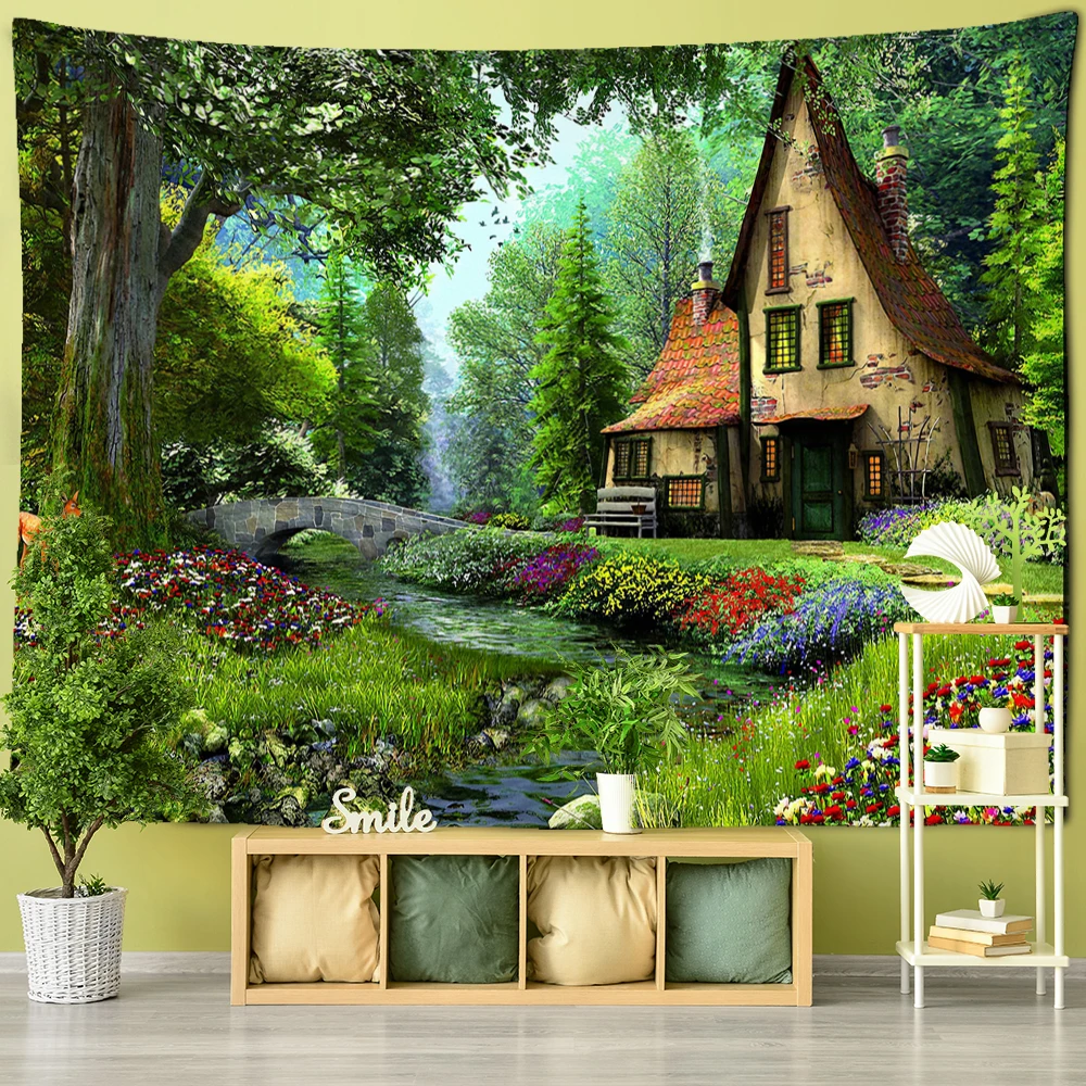 

Forest Hut Tapestry Wall Hanging Oil Painting Background Cloth Printing Psychedelic Witchcraft Bohemian Decor