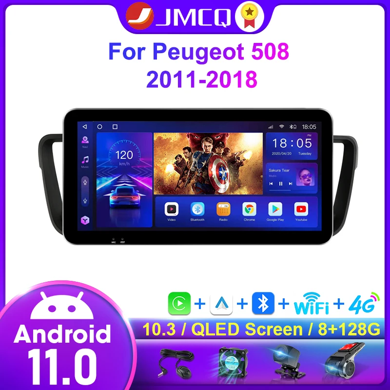 JMCQ Android 11 Car Radio Multimedia Video Player For Peugeot 508 2011-2018 Navigation QLED Floating Screen CarPlay Head Unit