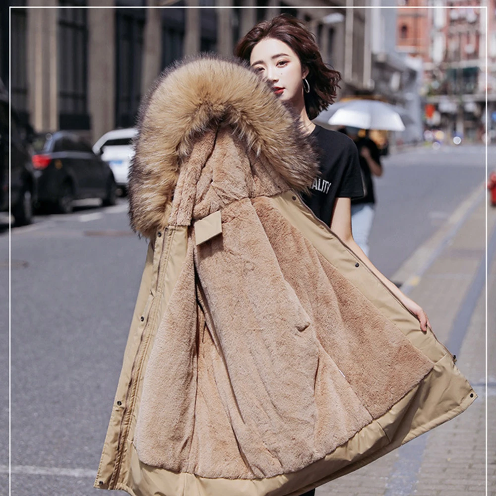 1x Winter New Jacket Overcoat Fashion Long Wool Collar Cotton Coat Korean Version with Fleece Waist Shrinkable Warm Coat L-6XL