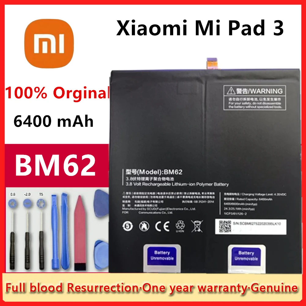 

Xiao Mi BM62 New 100% Original Battery for Xiaomi Pad 3 Mipad 3 MEC91 Baterry 6400mAh High Quality Tracking + Free Tools