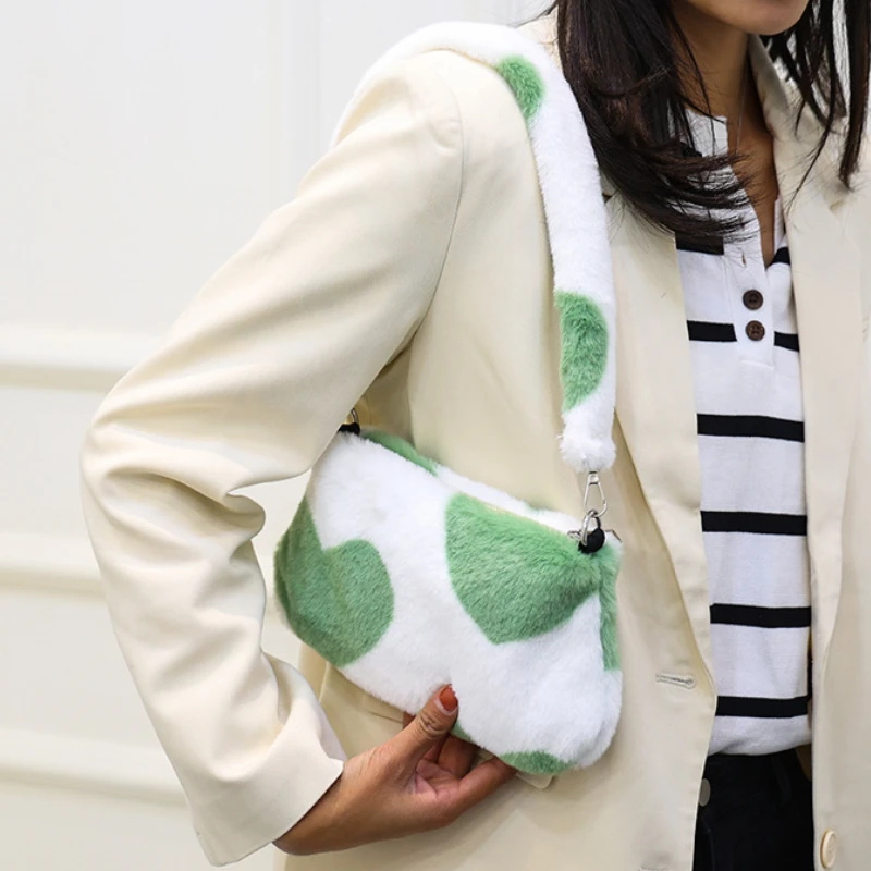 

Women Cow Print Mini Shoulder Bags Plush Print Shopper Purses Female Handbag Winter Plush Underarm Bags Fluffy Tote Bags Purses