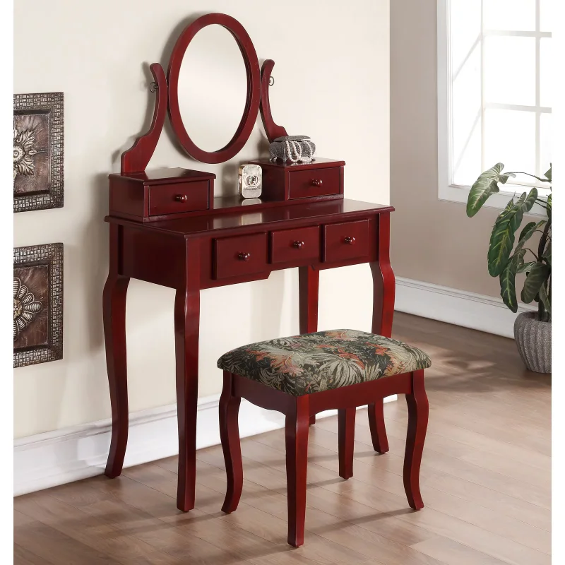 

Roundhill Furniture Ashley Wood Make-Up Vanity Table and Stool Set, Cherry mirrors for bedroom vanity table with drawers