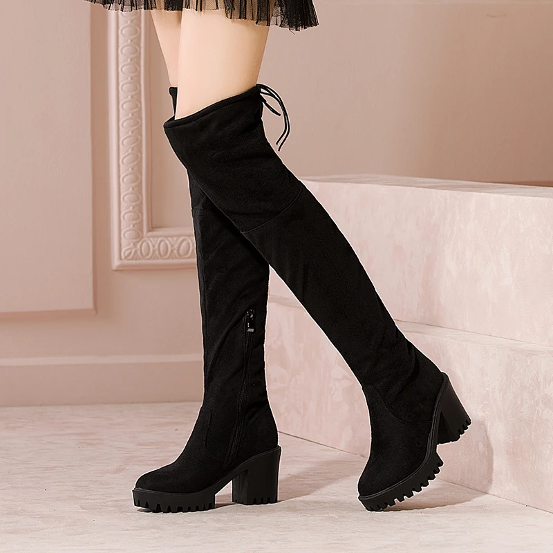 Round Toe Chunky Heel Side Zipper Short Plush Inner Winter Boots Street Trend Close-Fitting Lace-Up Women's Over-The-Knee Boots