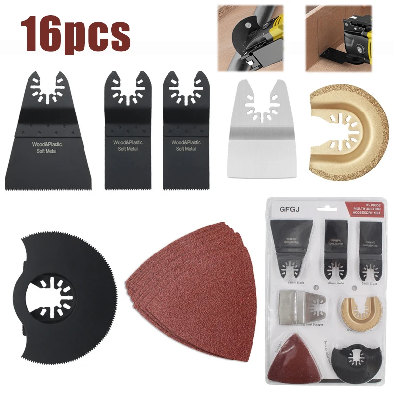 

16 шт./компл. многофункциональные аксессуары для пилы, Осциллирующий набор, многофункциональный быстросъемный шлифовальный инструмент для ...