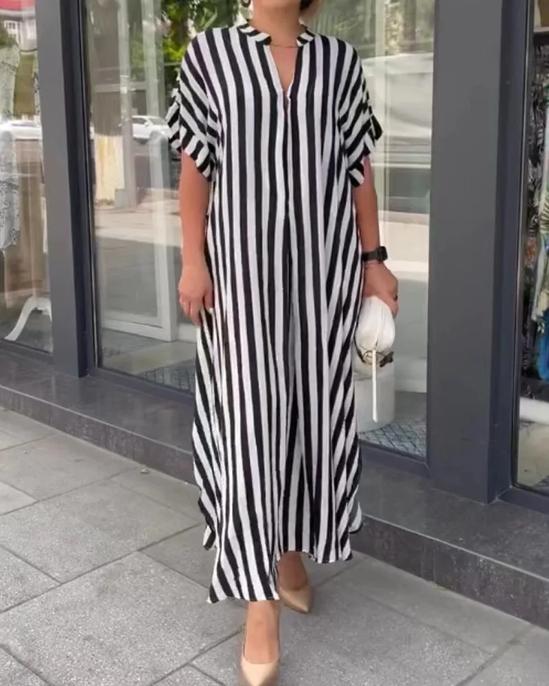 

Striped Cardigan Short Sleeve Dress Summer Women Dress 2023 New Fashion Side Split Elegant A-Line Long Dresses for Women