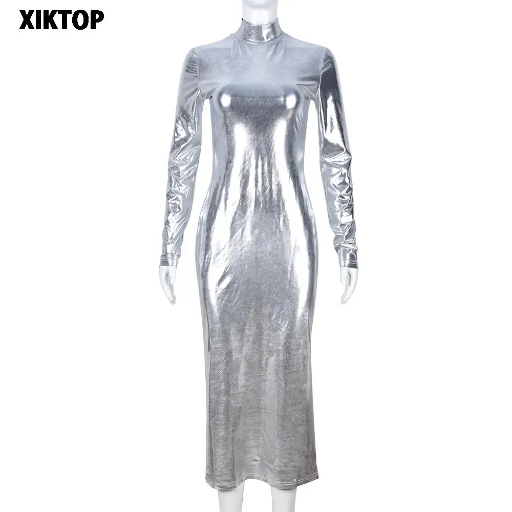 

XIktop Vintage Hot Silver Max Dress Office Lady Slim Fit Long Sleeve Birthday Party Evening Pencil Dress Winter Fashion Clothing