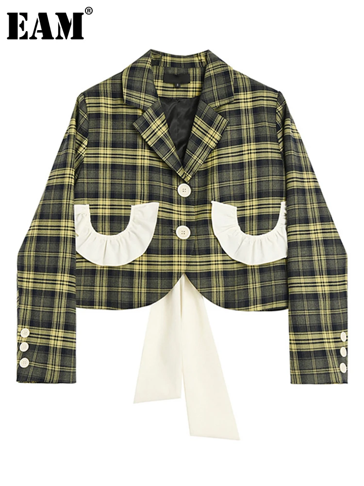 

[EAM] Women Yellow Plaid Bandage Short Blazer New Lapel Long Sleeve Loose Fit Jacket Fashion Tide Spring Autumn 2022 1DE6958