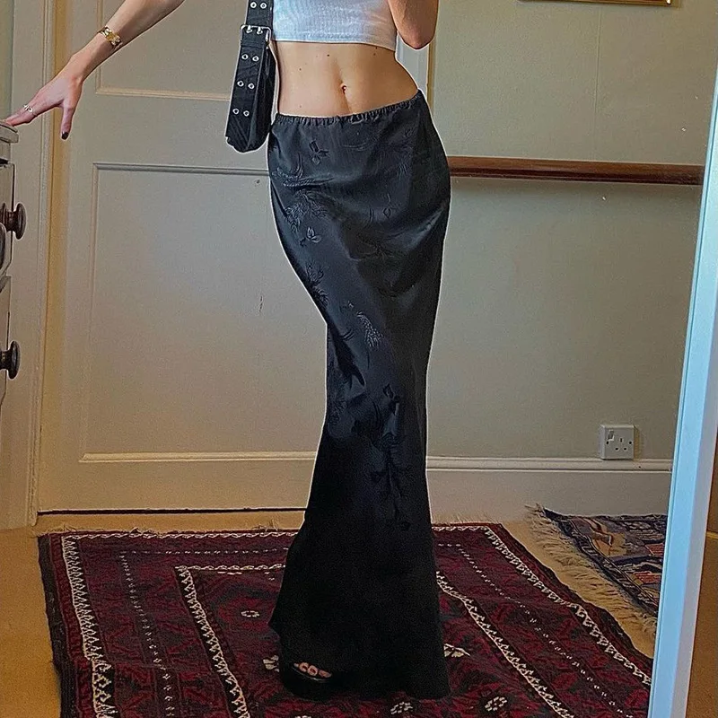 

Женская длинная юбка с разрезом Lairauiy, винтажная жаккардовая атласная юбка в стиле ретро, длинная юбка со средней талией и разрезом, Y2K