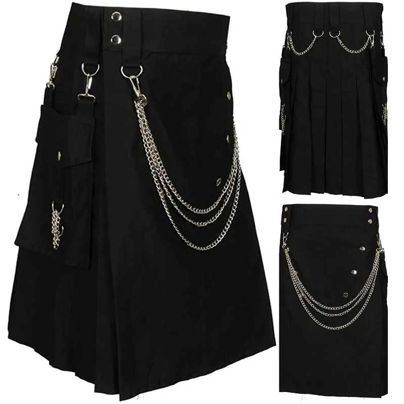 Men's Hot Sale Scottish Festive Skirt Men's Chain Pleated Skirt Black Plus Size