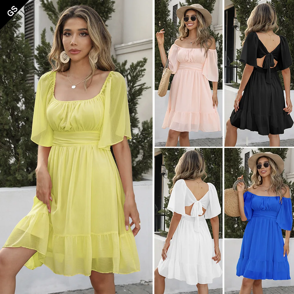 

Summer Chiffon Casual Dress for Women Holidays Slash Neck Short Sleeves High Waist Lace-up Backless Lady Short Dresses 2022