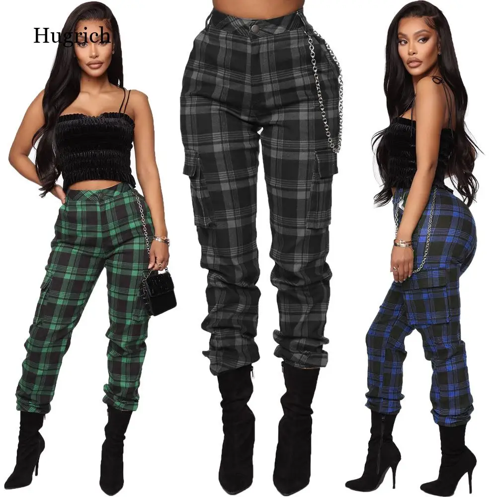 Women Harem Pants Red Plaid Pants Women Slim Hight Waist Trousers Pockets Without Chain  Spring Ladies Streetwear