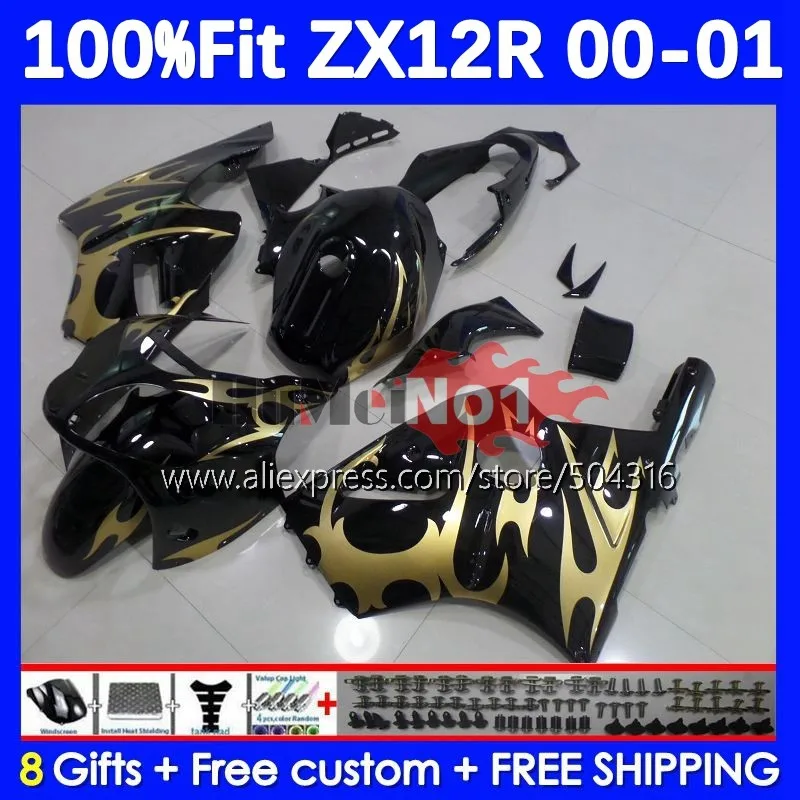 

OEM Body For KAWASAKI NINJA ZX-12R ZX 12R 12 R 1200 77MC.28 golden flames ZX1200 1200CC ZX12R 00 01 2000 2001 Injection Fairings