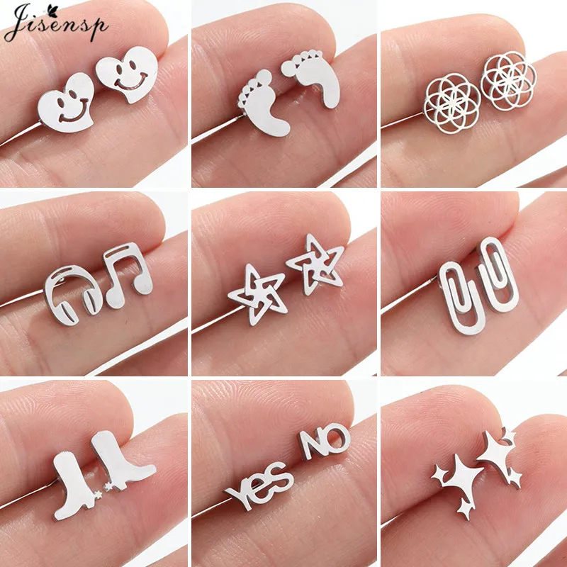 2022  Stainless Steel Earrings Geometric Women Men Minimalist Footprints Music Boots Earings YES NO Ear Studs Piercing Jewelry